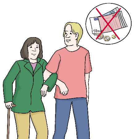 Ein Mann hakt eine Frau mit Gehstock ein. Beide Lächeln. In einem Kreis ist Geld und der Kreis ist durchgestrichen.